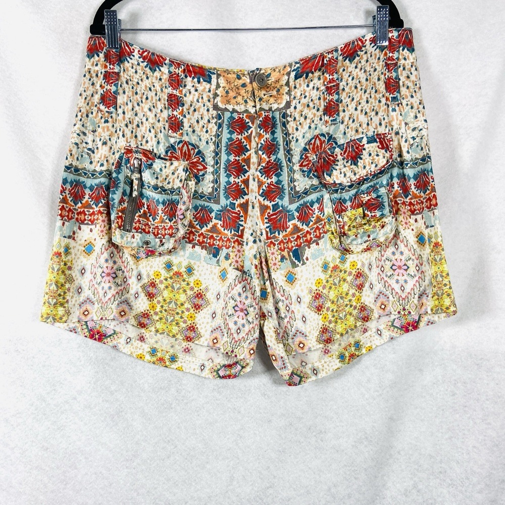 Johnny Was Shorts Women's 10 Beige Red Mick Satin Cargo Boho Chic Geometric